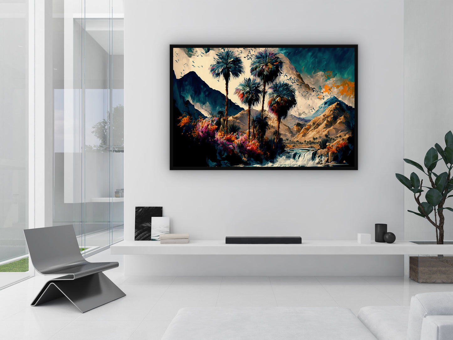 Vintage Oasis of Palm Trees Mountains Wall Art