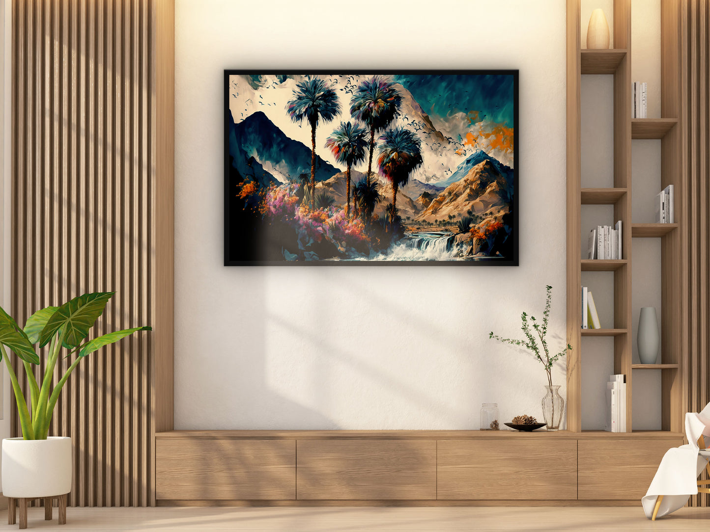 Vintage Oasis of Palm Trees Mountains Wall Art