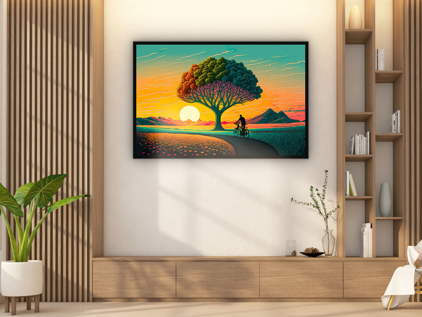 Painting of A Man Bike Riding Front of A Tree With a Sunset in The Background