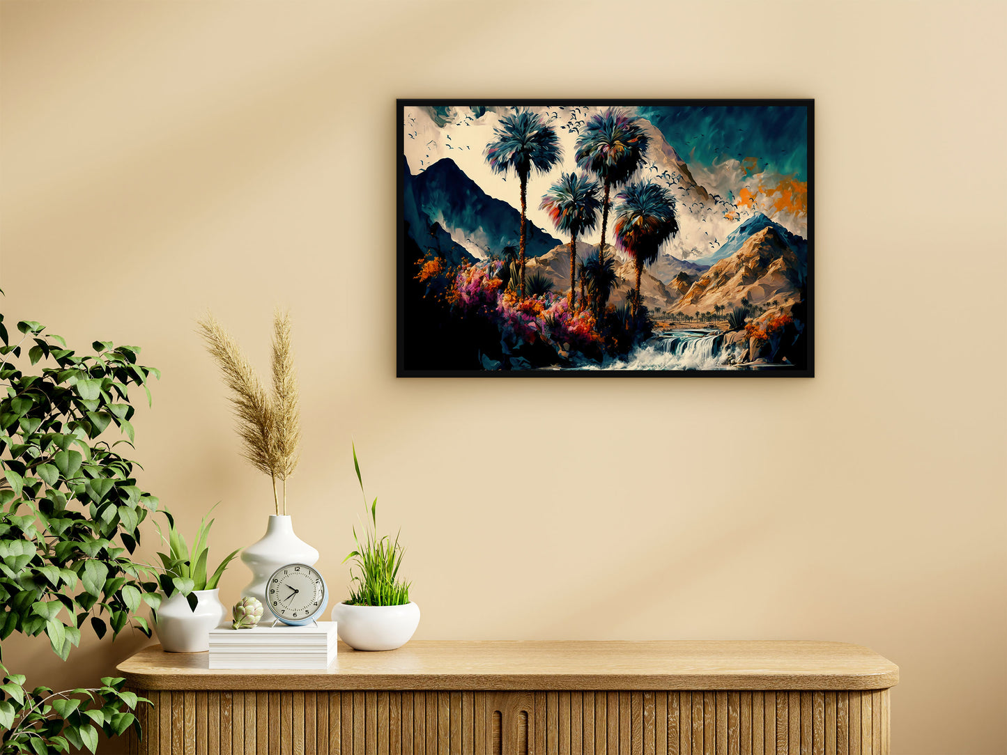 Vintage Oasis of Palm Trees Mountains Wall Art