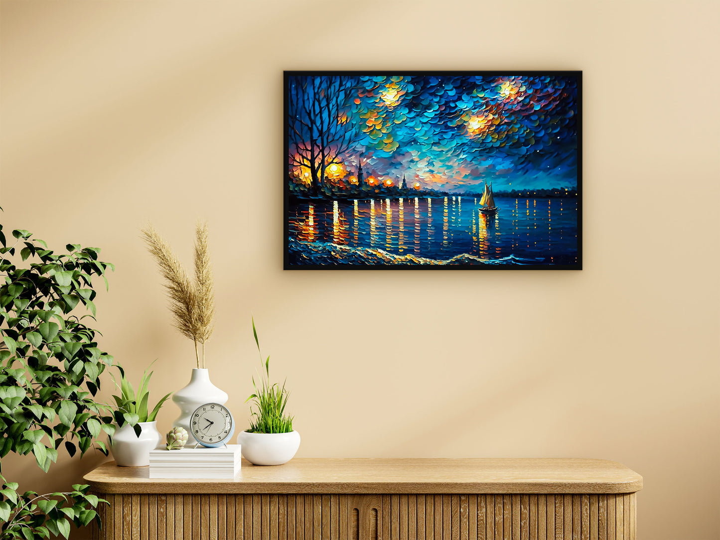 Painting of a Man in the Ocean at Night With a Full Moon Generative ai Wall Art