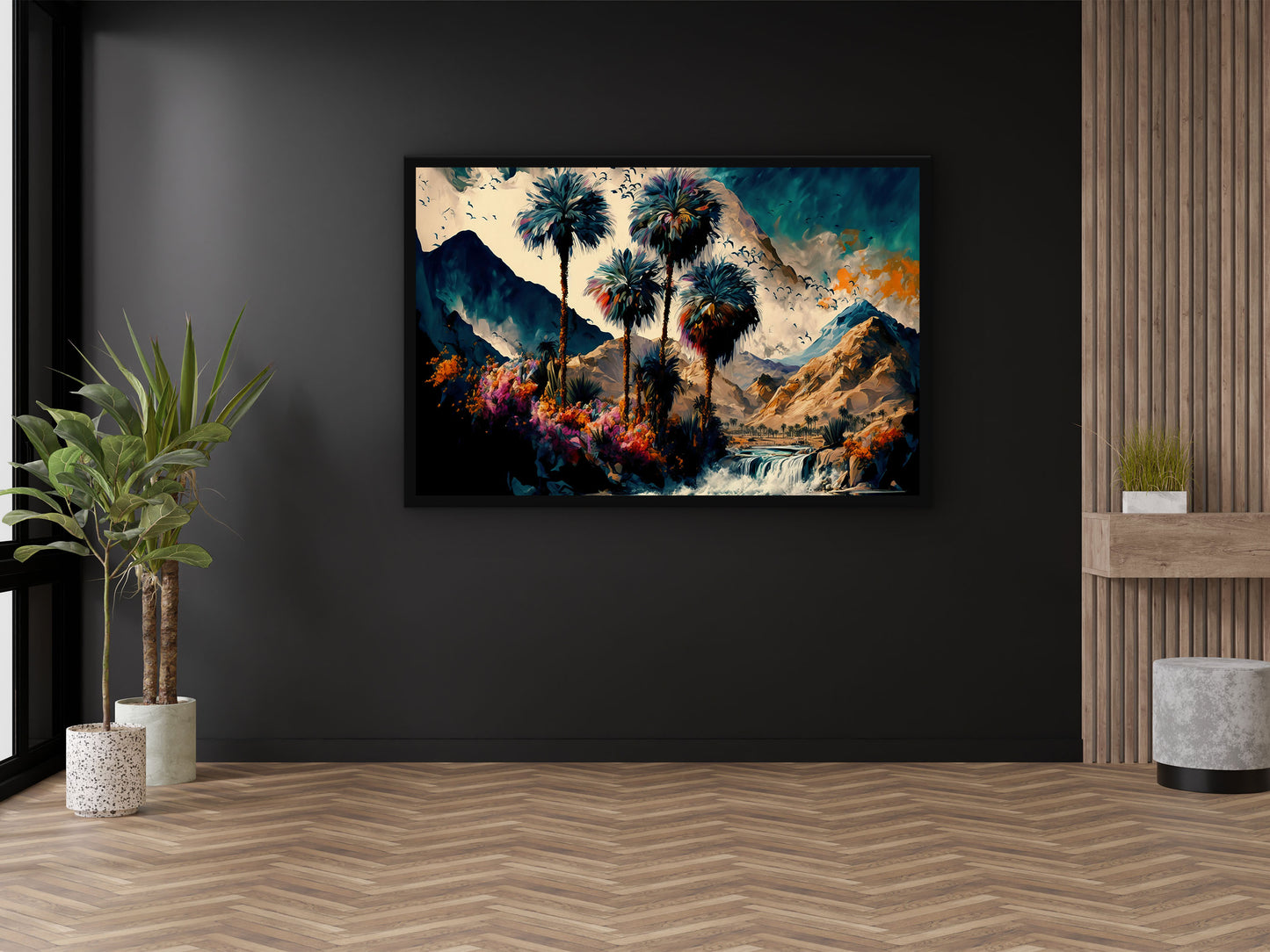 Vintage Oasis of Palm Trees Mountains Wall Art