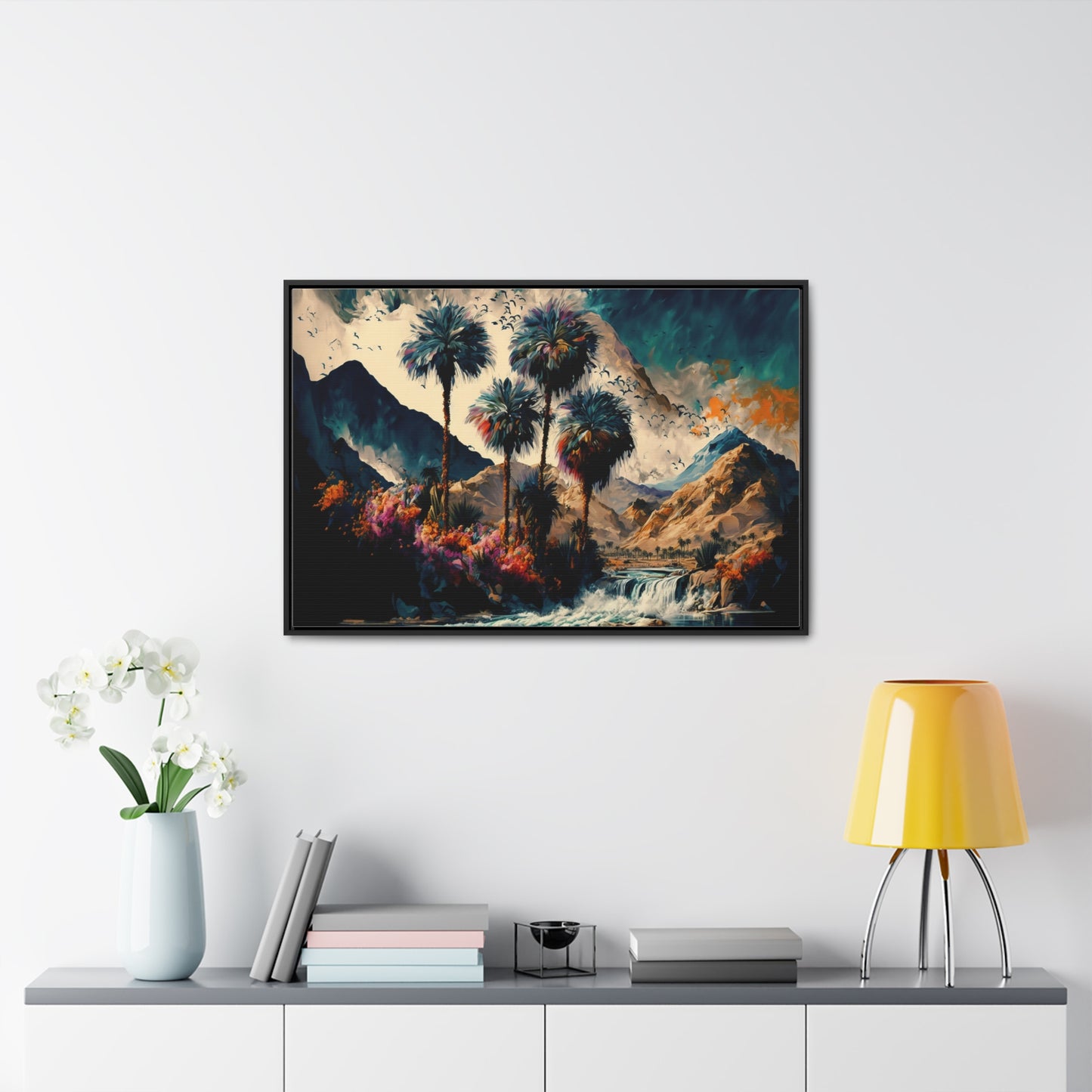 Vintage Oasis of Palm Trees Mountains Wall Art