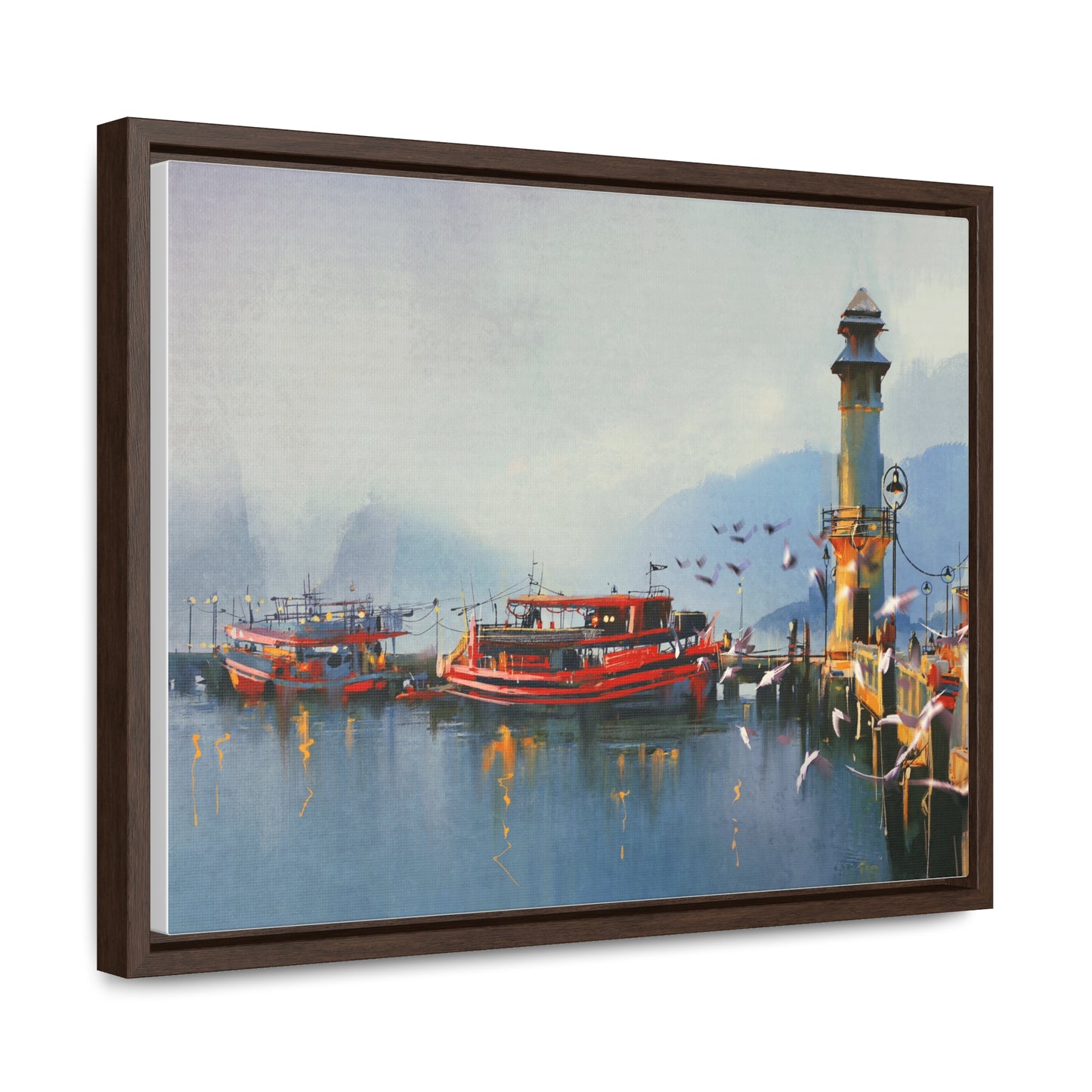 Fishing Boat in Harbor At Morning, Watercolor Painting Style Wall Art