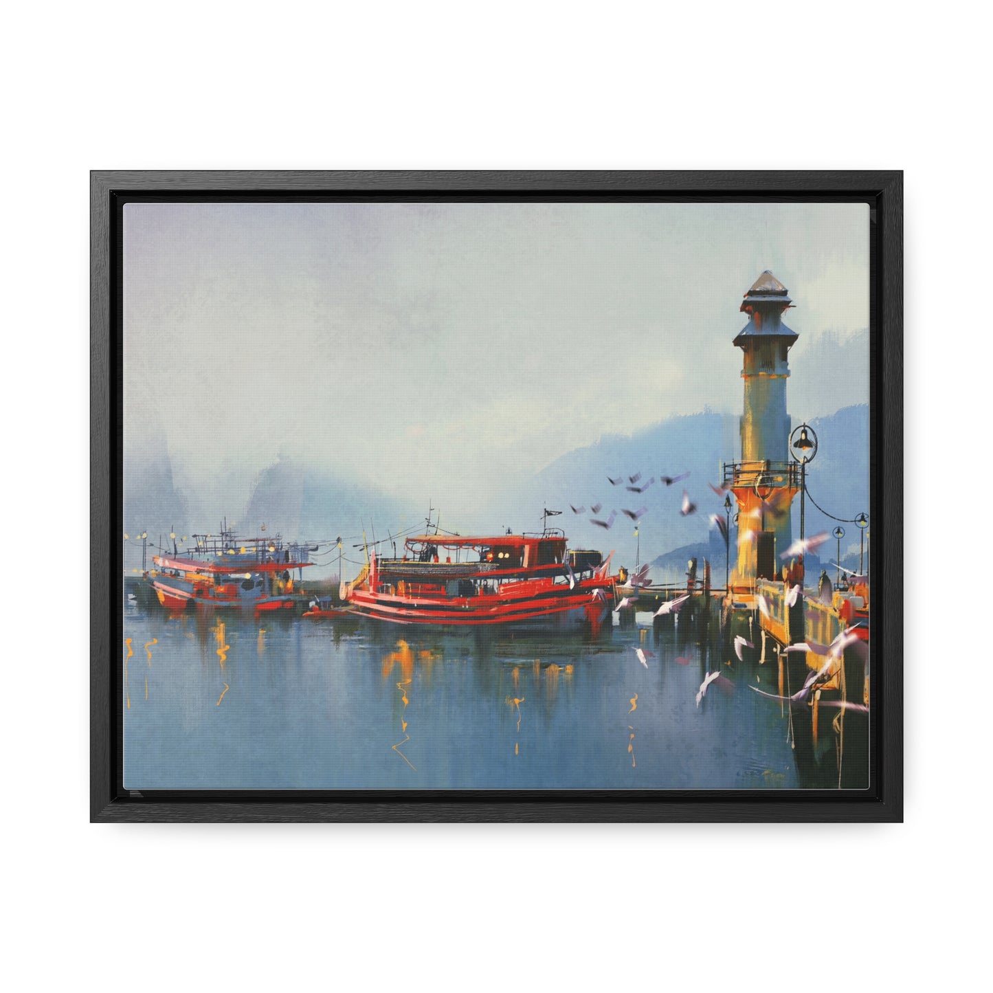 Fishing Boat in Harbor At Morning, Watercolor Painting Style Wall Art