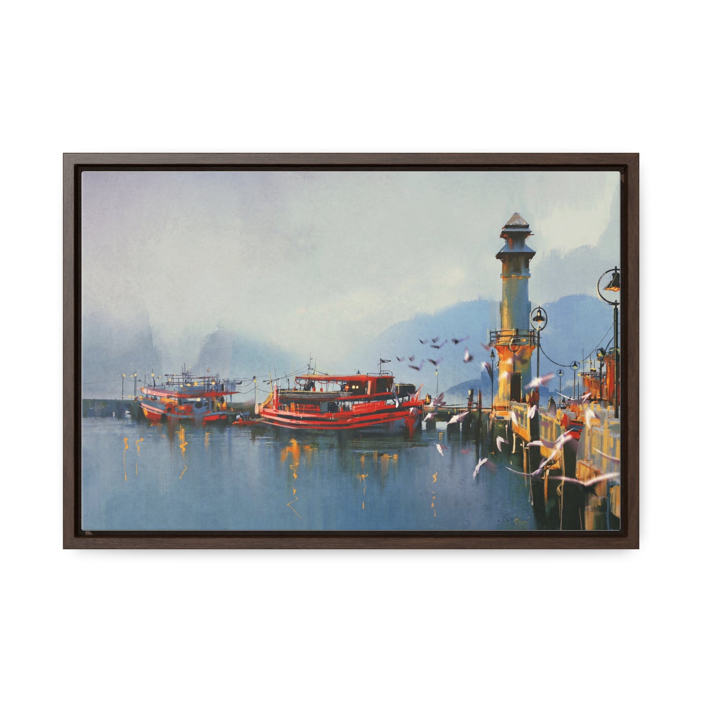 Fishing Boat in Harbor At Morning, Watercolor Painting Style Wall Art