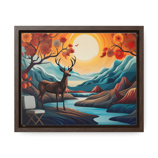 A Painting of a Deer in a Forest with a Sunset in the Background Wall Art