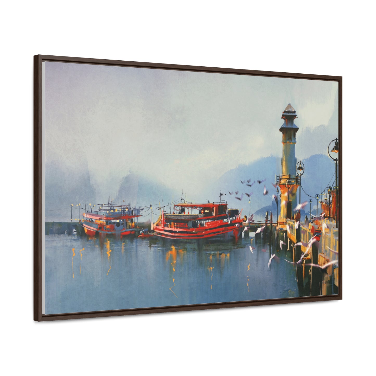 Fishing Boat in Harbor At Morning, Watercolor Painting Style Wall Art