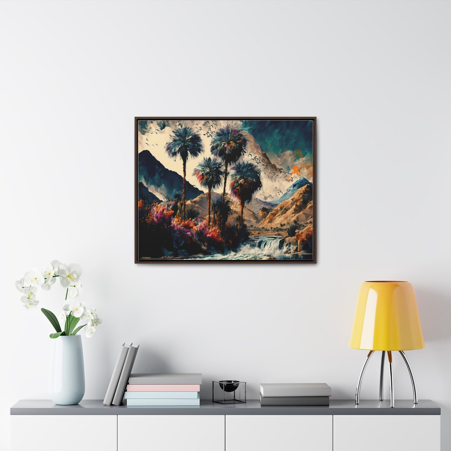 Vintage Oasis of Palm Trees Mountains Wall Art