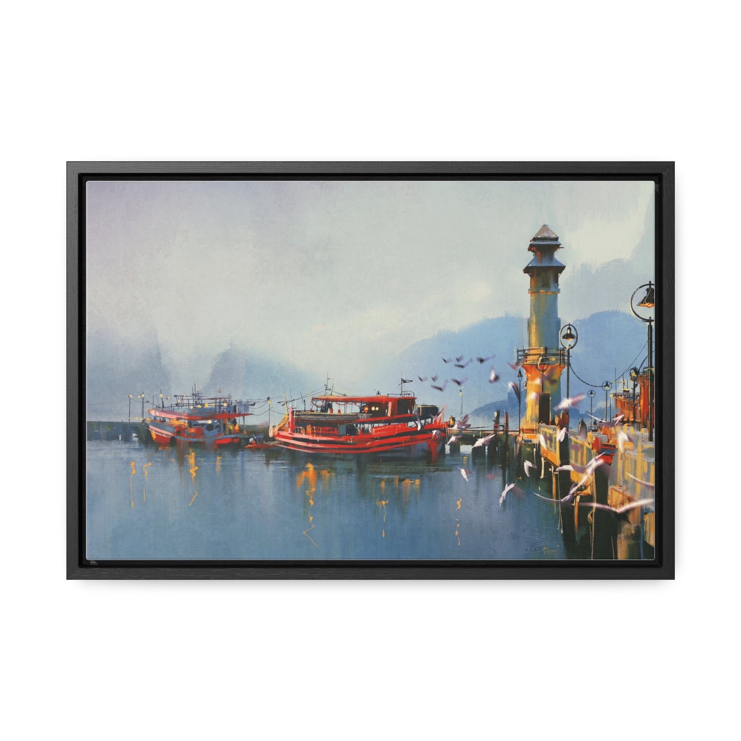 Fishing Boat in Harbor At Morning, Watercolor Painting Style Wall Art