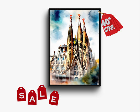 Sagrada Familia Watercolor Sketch Canvas Wall Art