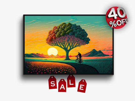 Painting of A Man Bike Riding Front of A Tree With a Sunset in The Background